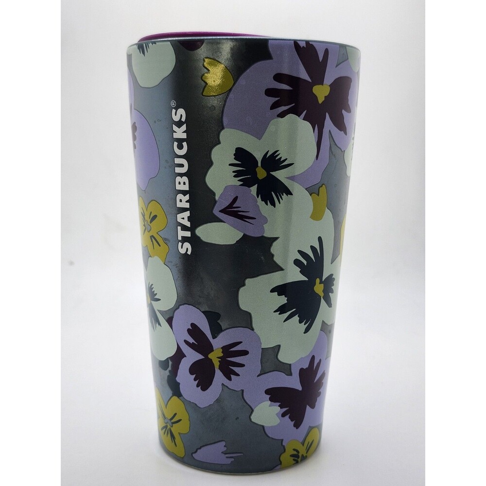 Starbucks Purple Pansy Double Wall Ceramic Tumbler 12oz ~  Purple Lid